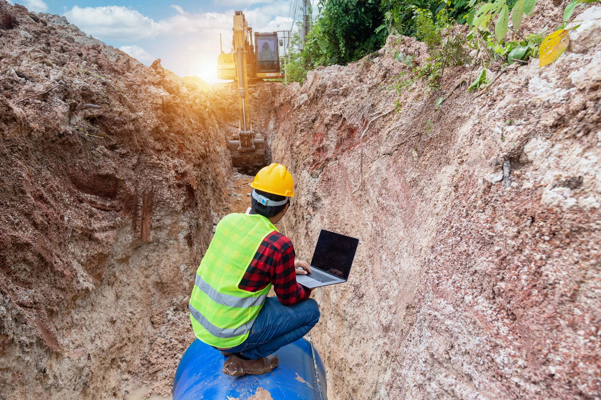 Engineer Wear Safety Uniform Use Laptop Examining Excavation Drainage Pipe 2