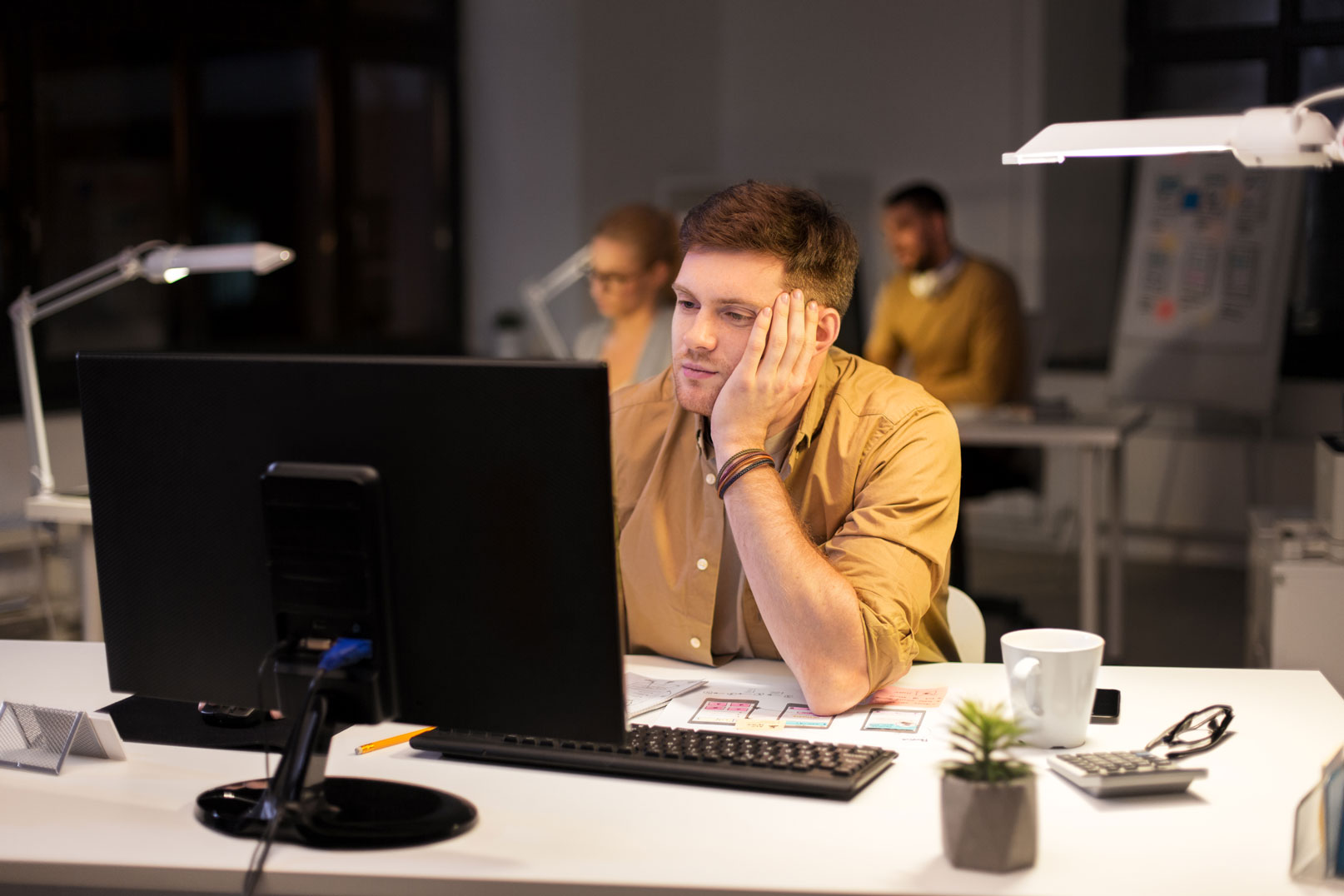 Tired Bored Man With Computer Night Office
