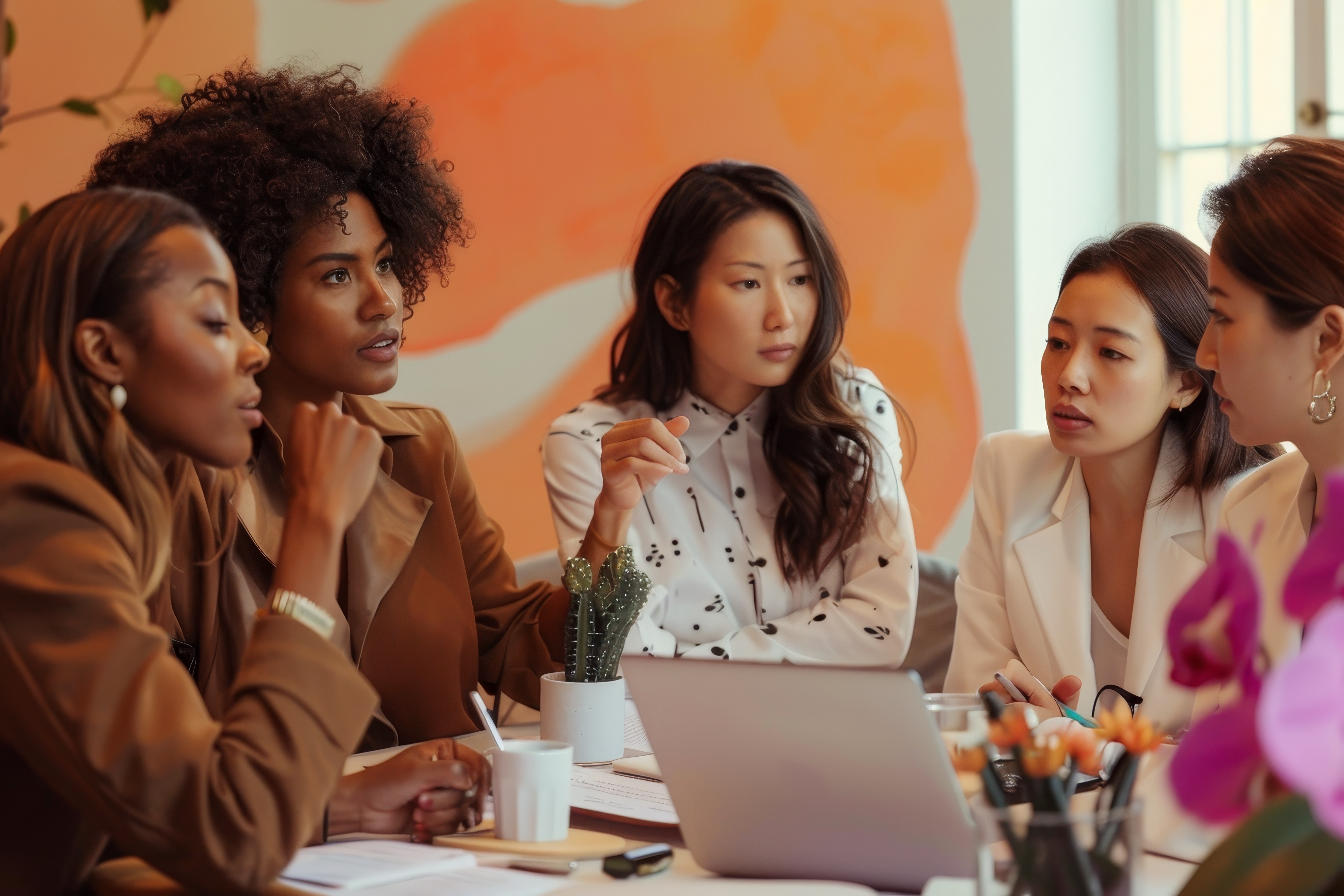 Diverse Businesswomen Collaborating Project Modern Office Setting Group Diverse Businesswomen Collaborating Project Each Showcasing Their Unique Skills